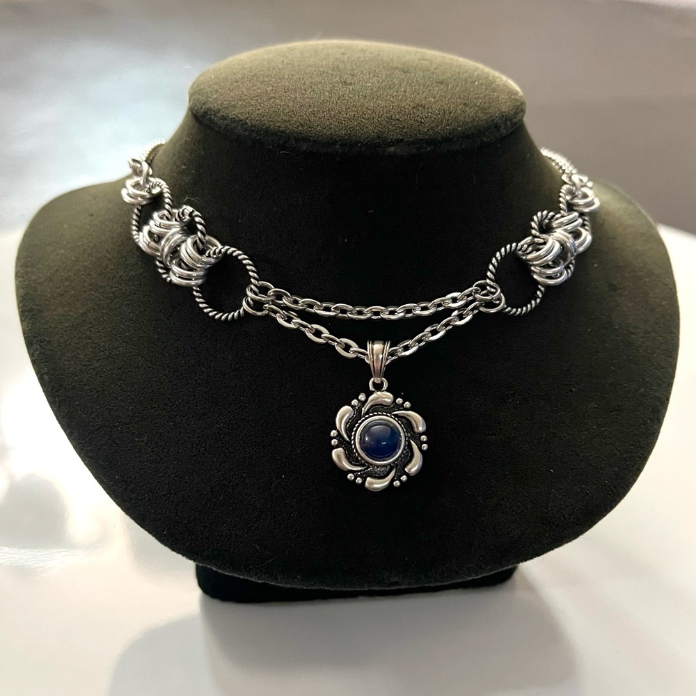 925 sterling silver blue kyanite stone charm on stainless steel maille choker - Picture 9 of 16